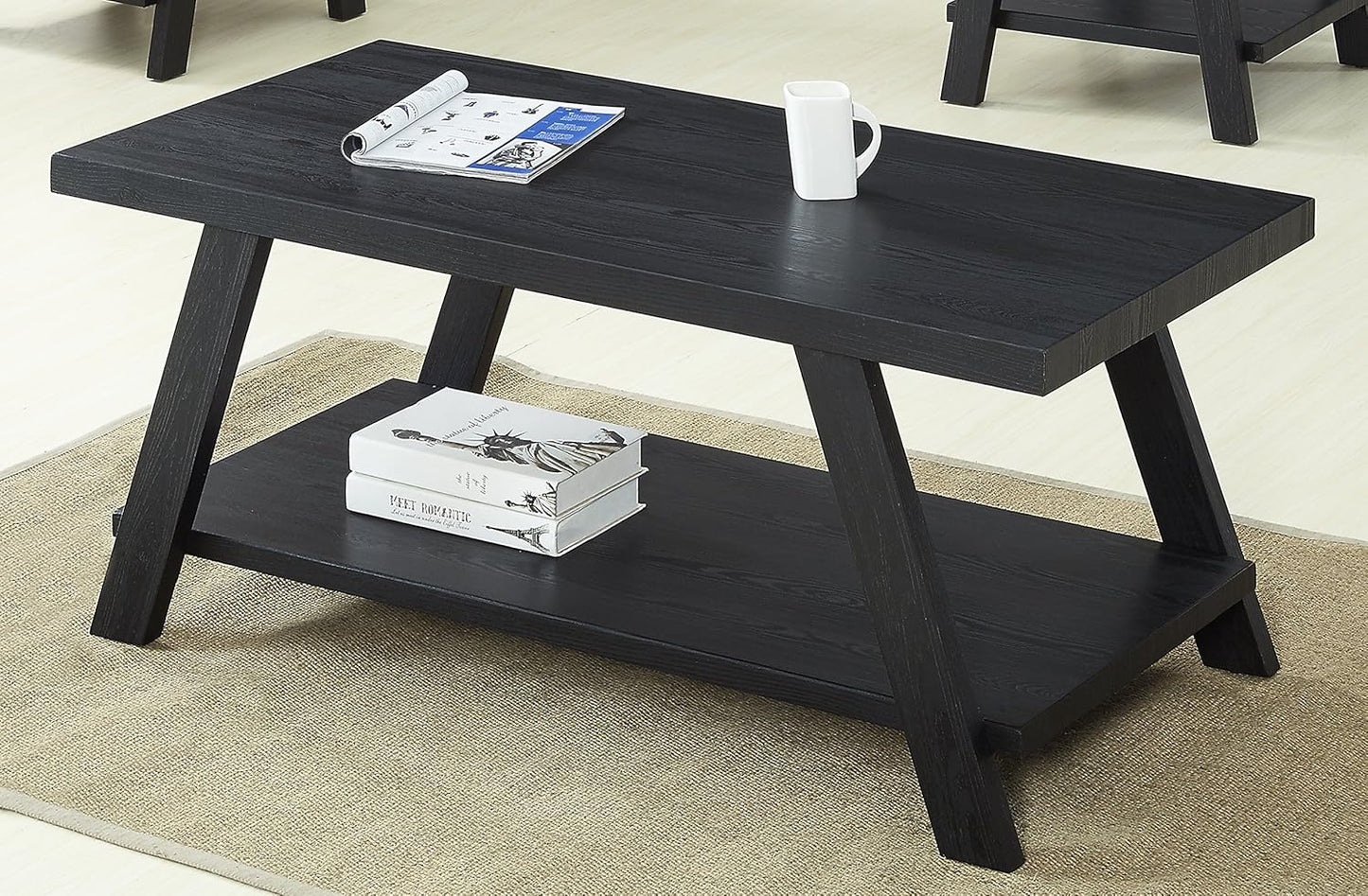Athens Contemporary 3-Piece Wood Shelf Coffee Table Set , Black