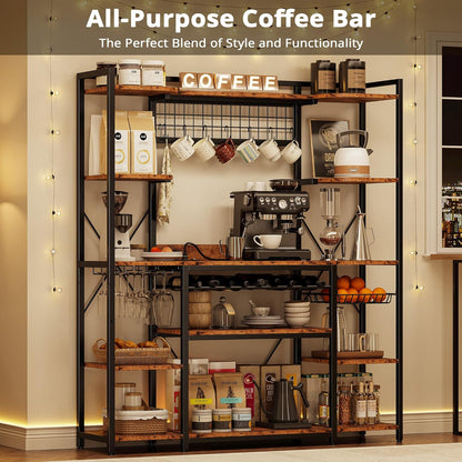 Large Bakers Rack with Power Outlet, 62 Inch Wide Microwave Stand, Coffee Bar with Storage, Kitchen Racks and Shelves, Vintage Brown