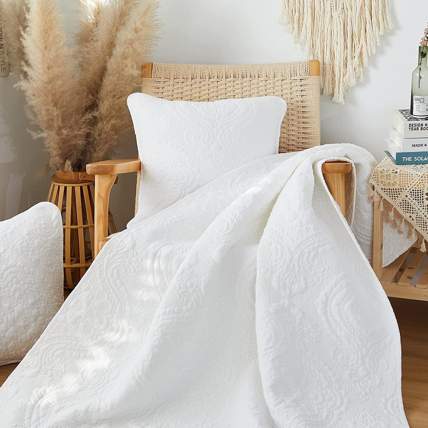 White Damask Quilted Pillow Shams Cotton King Size Pillow Cases Set of 2 Comfy Soft Decorative Pillow Covers for Bed Pillows