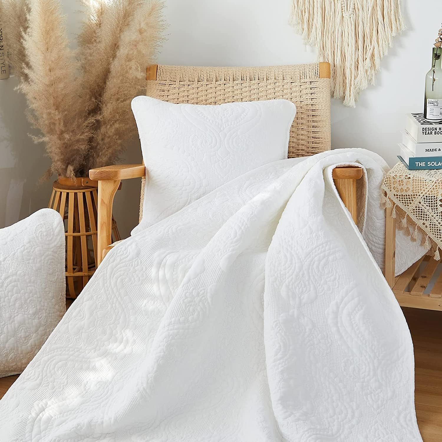 White Damask Quilted Pillow Shams Cotton King Size Pillow Cases Set of 2 Comfy Soft Decorative Pillow Covers for Bed Pillows