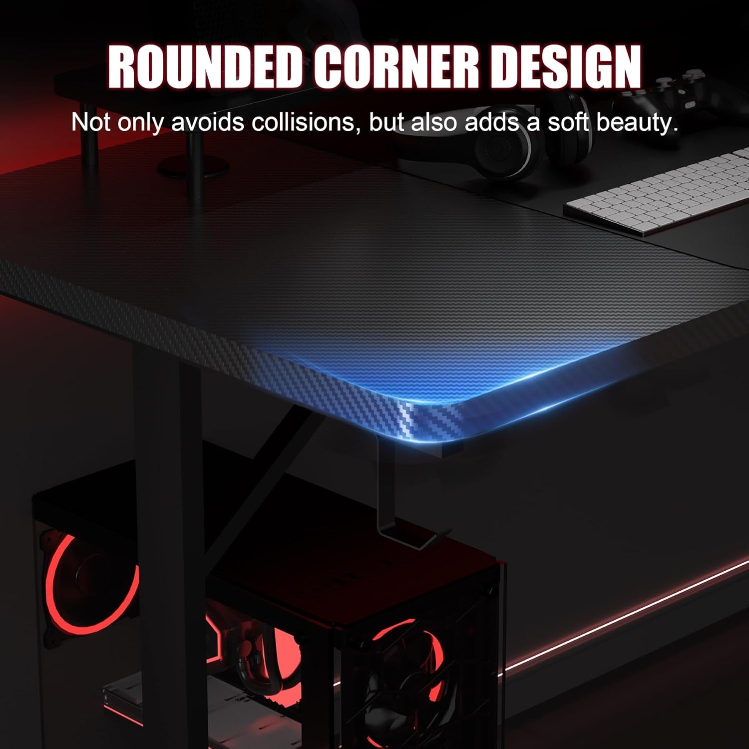 Gaming Desk 55 Inch with LED Lights, Large Computer Desk with Mouse Pad for Home Office, T-Shaped Carbon Fibre Surface PC Game Workstations with Headphone Hook