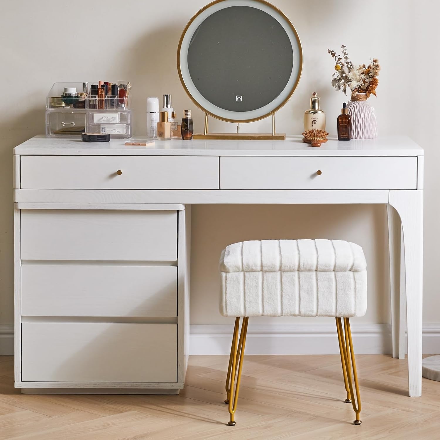 Stool Chair with Storage Space, Footrest Footstool Ottoman, Small Side Table, with 4 Metal Legs, with Anti-Slip Feet, for Makeup Room, Bedroom, White, Faux Fur LG-50W