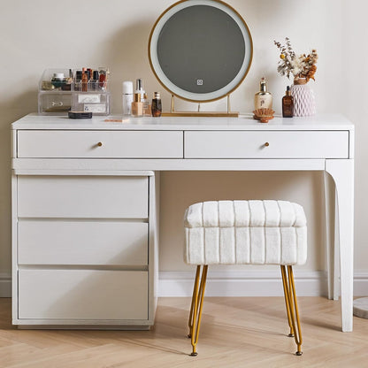 Stool Chair with Storage Space, Footrest Footstool Ottoman, Small Side Table, with 4 Metal Legs, with Anti-Slip Feet, for Makeup Room, Bedroom, White, Faux Fur LG-50W