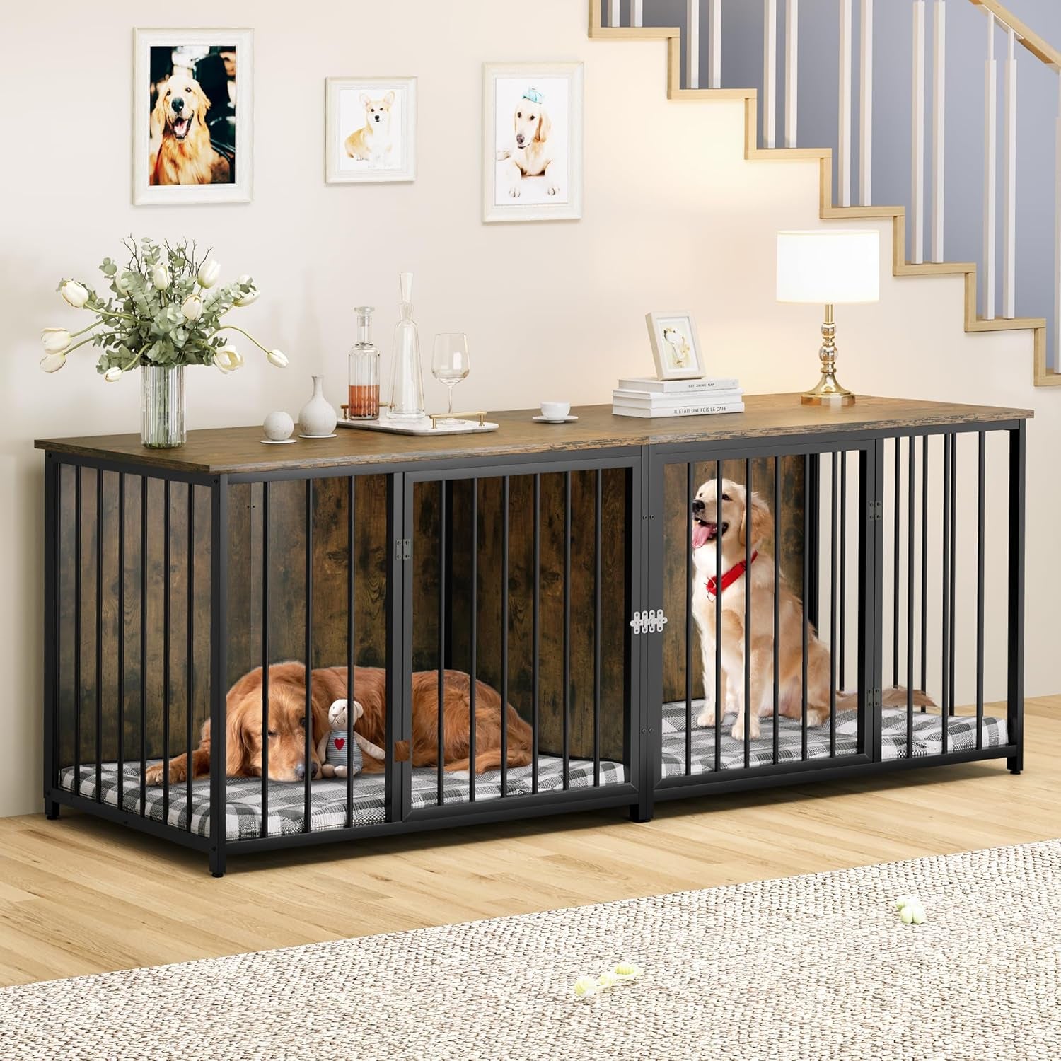 Double Dog Crate Furniture, 80.2 Inch Large Breed Dog Kennel with Divider, Heavy Duty Dog House TV Stand Indoor for 2 Medium Dogs, Brown