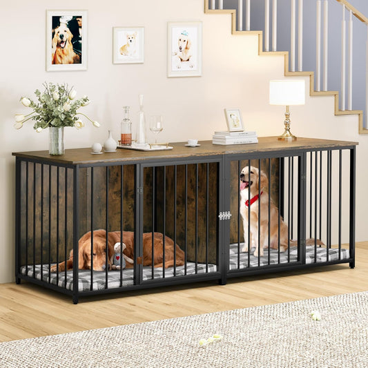 Double Dog Crate Furniture, 80.2 Inch Large Breed Dog Kennel with Divider, Heavy Duty Dog House TV Stand Indoor for 2 Medium Dogs, Brown