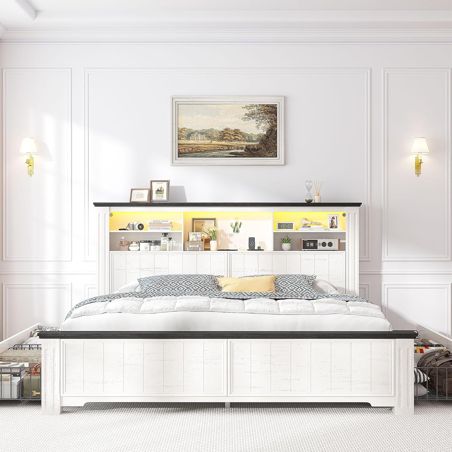 Queen Bed Frame with Headboard, Bed Frame Queen Size with 4 Drawers Charging Port & LED, Farmhouse Queen Bed Built in Charging Station,No Box Spring Needed,No Noise,White with Grain Marks