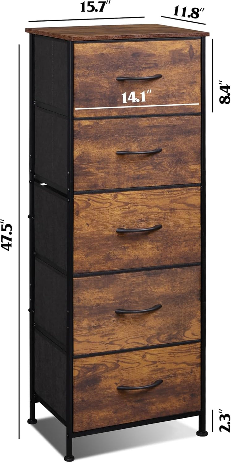 Fabric Dresser for Bedroom, 5-Drawer Tall Dressers, Storage Organizer with Fabric Bins, Wood Top, Sturdy Steel Frame, Chest of Drawers for Closet, Hallway, Rustic Brown Wood Grain Print