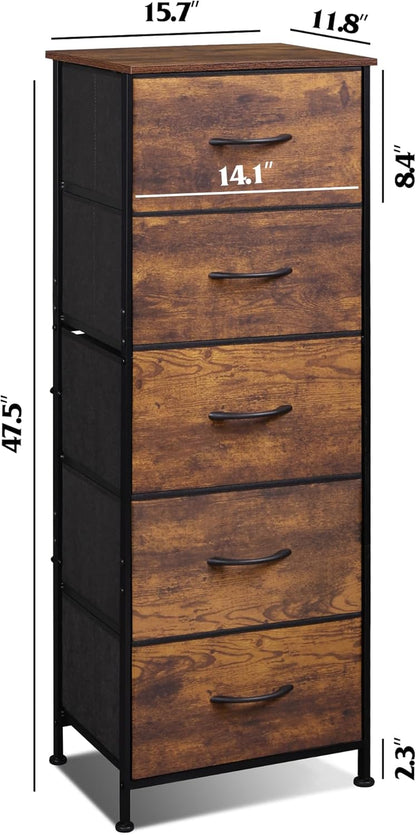Fabric Dresser for Bedroom, 5-Drawer Tall Dressers, Storage Organizer with Fabric Bins, Wood Top, Sturdy Steel Frame, Chest of Drawers for Closet, Hallway, Rustic Brown Wood Grain Print