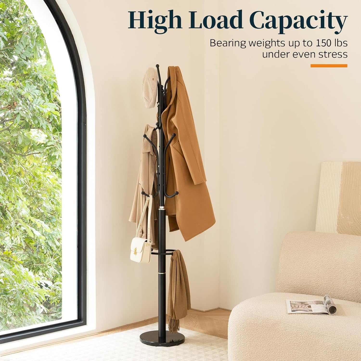 Metal Coat Rack Freestanding with Marble Base, Coat Tree with 12 Hooks & Umbrella Holder, Coat Hanger Stand for Corner Entryway Bedroom Office, Heavy Duty Coat Rack Stand for Clothes Hats Bags