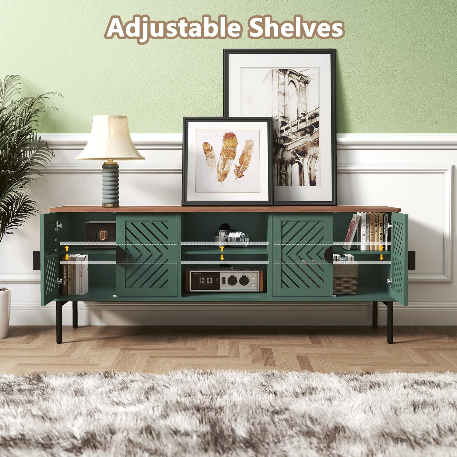 63" Modern TV Stands for Living Room, Long Entertainment Center with Storage, TV Console for 55 60 65 70 Inch TV, Bedroom TV Cabinet with Doors, Wood Media Console, Television Stand, Green