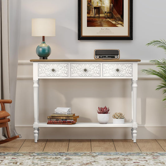 Entryway Console Table with 3 Drawers，42" Carved Hallway Table with Open Shelf，Long Sofa Table for Living Room, Hallway, behind Couch,White