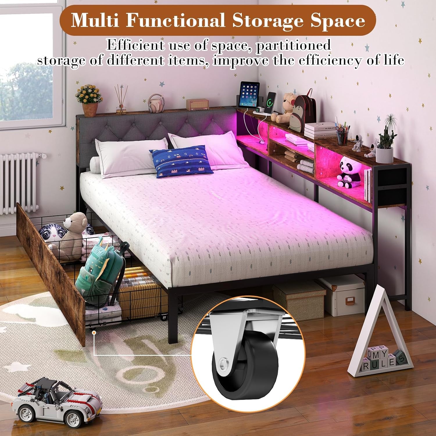 Twin Corner Bed Frame with Storage Bookcase and LED Lights, Twin Size Daybed with 2 Storage Drawers, Upholstered Platform Bed with Headboard and Charging Station, Rustic Brown & Gray