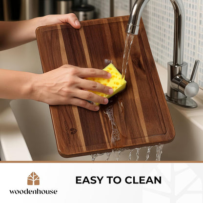 Acacia Wood Cutting Board Set of 3 with Holder, Juice Grooves & Built-In Handles - Durable, Wooden Cutting Boards for Kitchen, Perfect for Chopping, Food Prep and Serving as a Charcuterie