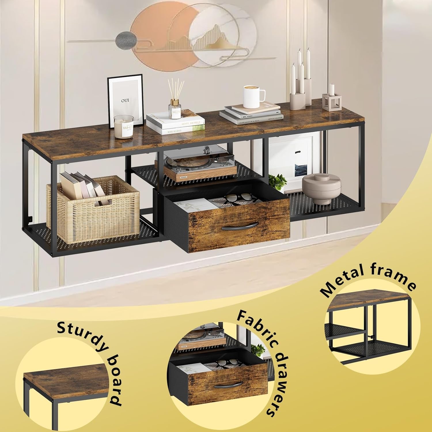 Floating Wall TV Stand, Wall Mounted TV Stand with Storage Cabinet, Wall Mounted TV Cabinet Entertainment Television Center for TV up to 50 Inch, for Living Room, Bedroom, Metal, Black