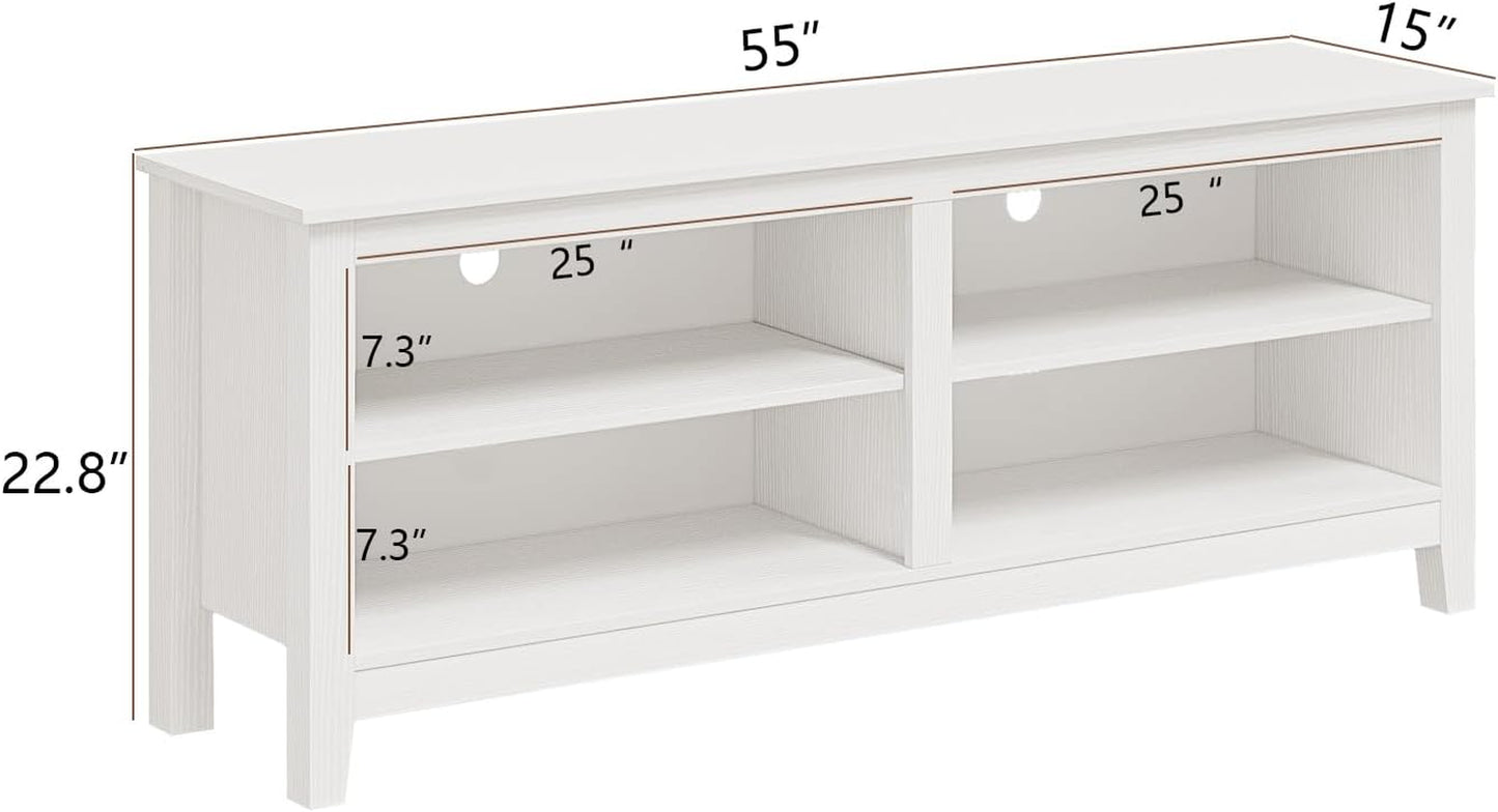 Modern TV Stand for 65 Inch TV, White Wood TV Cabinet with 4 Open Storage Shelves, Fits 50-65 Inch Tvs, 55 Inches W X 15 Inches D X 22.8 Inches H