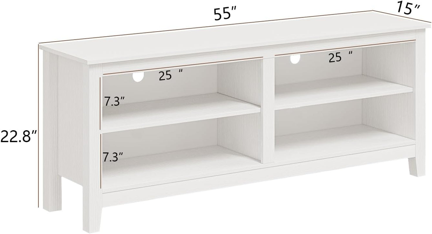 Modern TV Stand for 65 Inch TV, White Wood TV Cabinet with 4 Open Storage Shelves, Fits 50-65 Inch Tvs, 55 Inches W X 15 Inches D X 22.8 Inches H