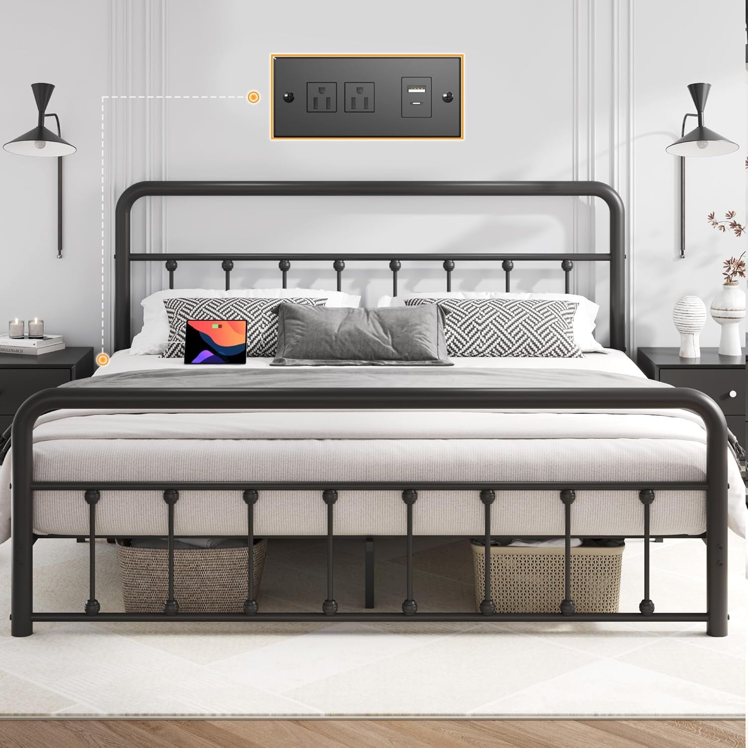 14 Inch Queen Bed Frame Classic Metal Platform Bed Frame with Charging Station & LED, Victorian Style Iron-Art Headboard/Footboard, under Bed Storage, No Box Spring Needed, Noise Free