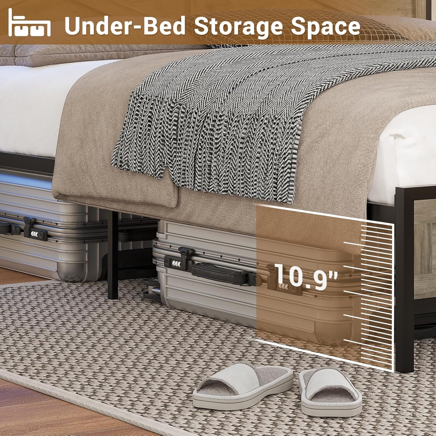 Queen Bed Frame with Storage Headboard, Platform Bed Queen Size with Charging Station and LED Lights, Farmhouse Rustic Bed with Sliding Barn Door, Rustic Oak