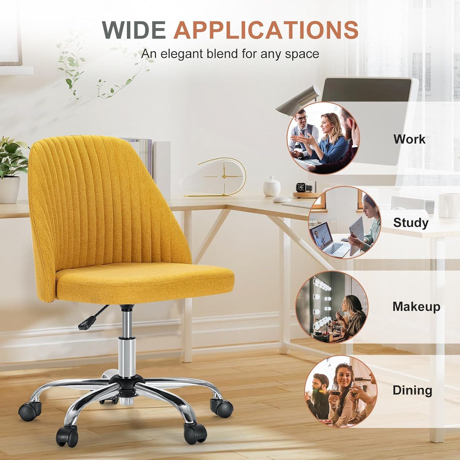 Office Desk Chair, Modern Cute Rolling Vanity Swivel Task Chairs with Wheels, Comfortable Back Seat Armless for Home, Bedrooms, Office, Study, Student, Adults, Make-Up, Dressing Room, Yellow