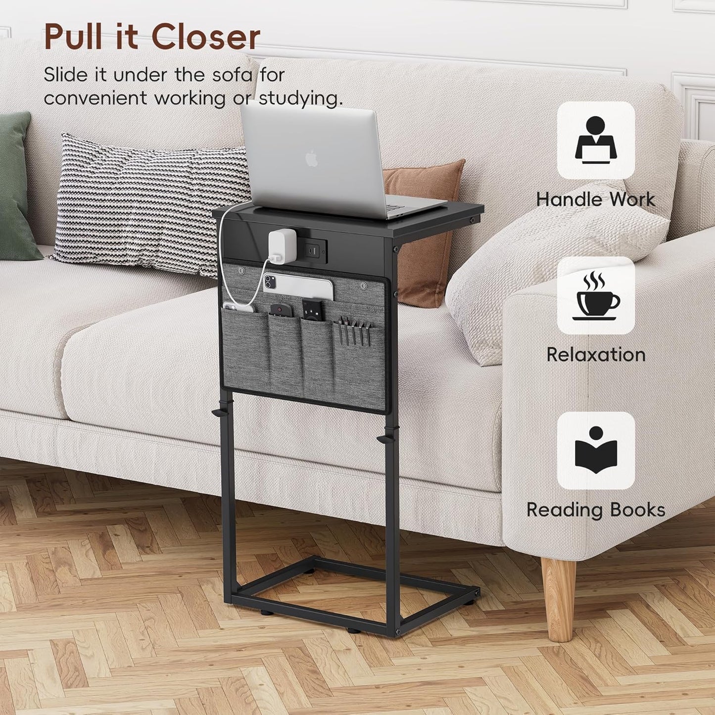 C Shaped End Table with Charging Station, Adjustable Height Side Table for Couch, Small Sofa Table Laptop Couch Desk, Slide under Sofa TV Tray Tall Arm C Tables for Living Room Bedroom, Black