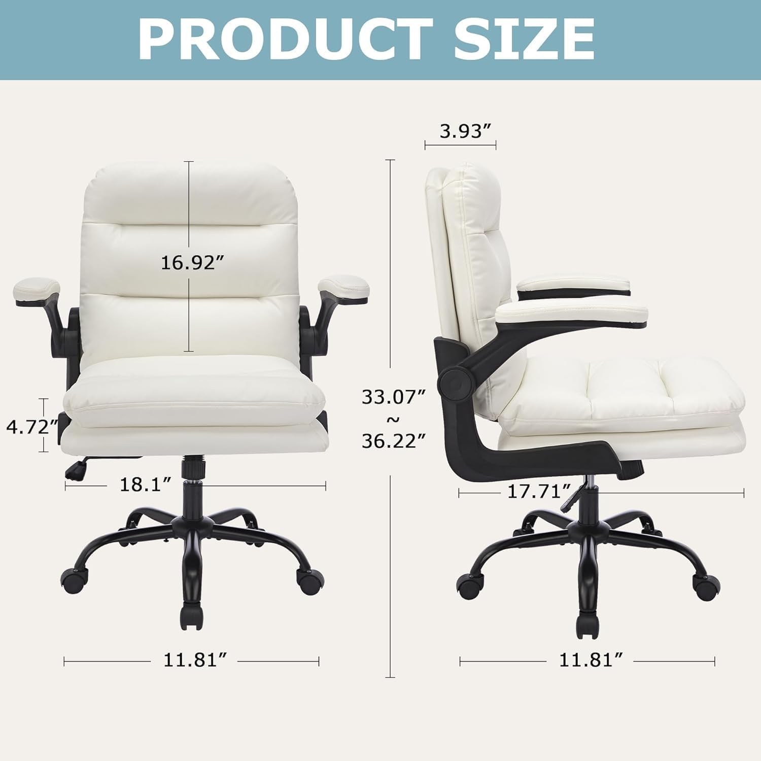 Ergonomic Swivel Office Desk Chair with Flip-Up Armrest and Adjustable Height, Lumbar Support & PU Leather Thickened Cushion, for Computer Task Work, White