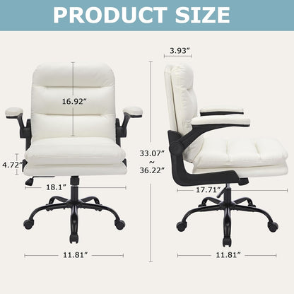 Ergonomic Swivel Office Desk Chair with Flip-Up Armrest and Adjustable Height, Lumbar Support & PU Leather Thickened Cushion, for Computer Task Work, White