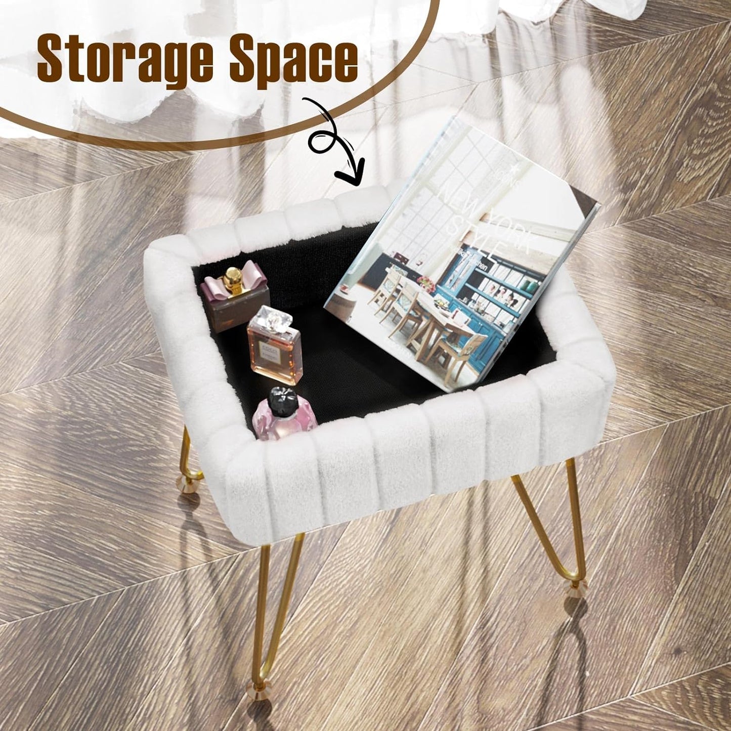 Vanity Stool Chair Faux Fur with Storage, 15.7"L X 11.8"W X 19.4"H Soft Ottoman 4 Metal Legs with Anti-Slip Feet, Furry Padded Seat, Modern Multifunctional Chairs for Makeup, Bedroom White