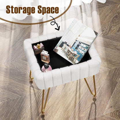 Vanity Stool Chair Faux Fur with Storage, 15.7"L X 11.8"W X 19.4"H Soft Ottoman 4 Metal Legs with Anti-Slip Feet, Furry Padded Seat, Modern Multifunctional Chairs for Makeup, Bedroom White