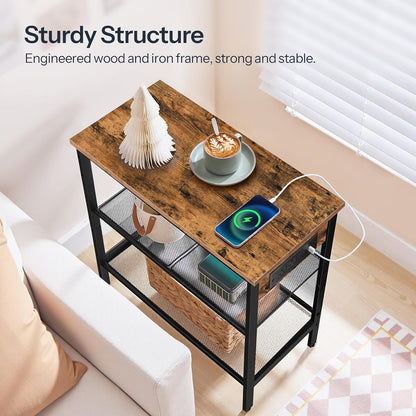 End Table, 3-Tier Narrow Side Table with Charging Station, Nightstand with 2 Flat or Slant Adjustable Shelves for Small Spaces, Living Room, Bedroom, Rustic Brown and Black BF23UBZ01G1