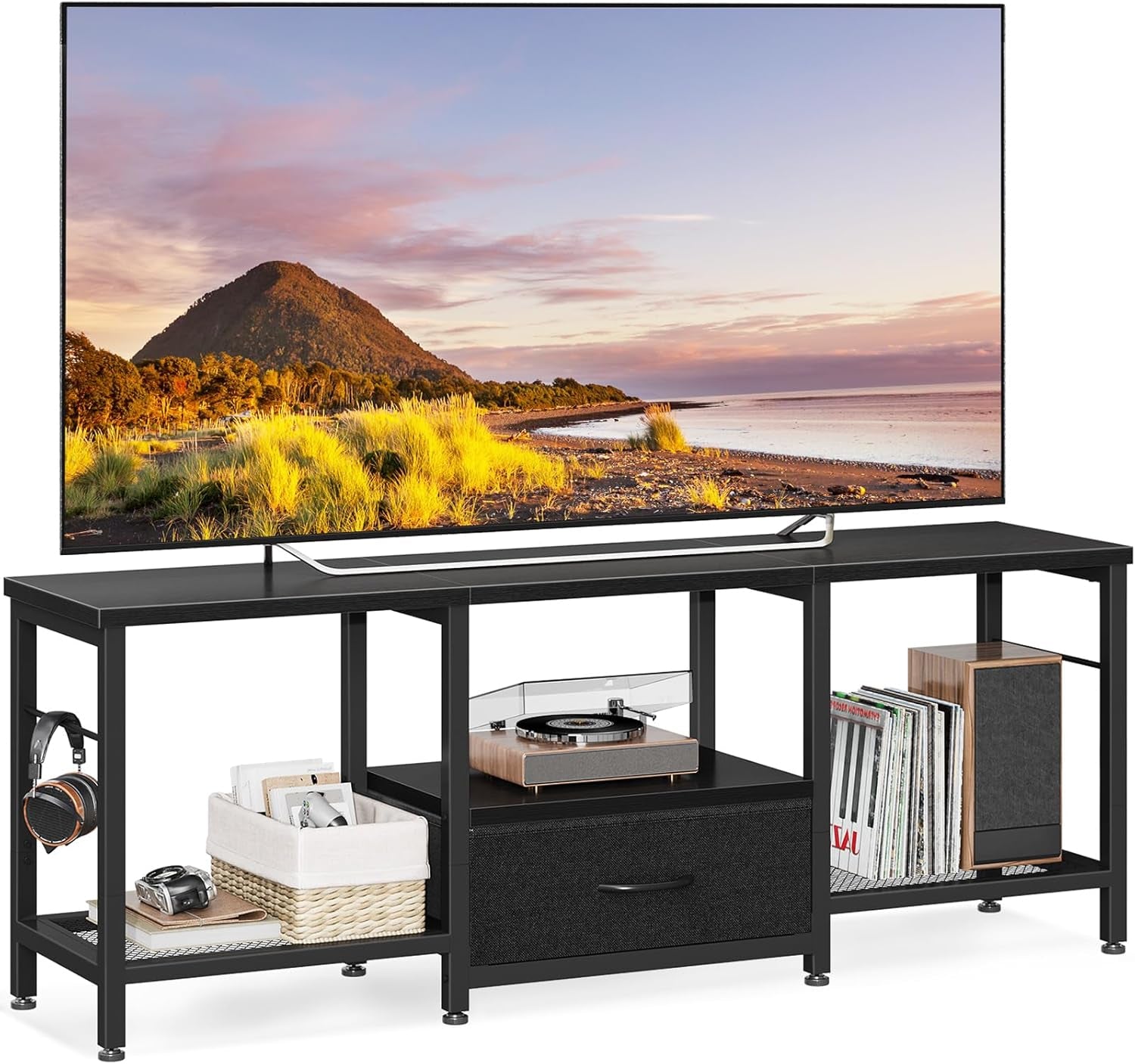 47" TV Stand with Open Storage Shelves for 43, 50 Inch TV, Entertainment Center with Fabric Drawers, TV Console Table with Soundbar Shelf TV Stand for Living Room Bedroom, Pure Black