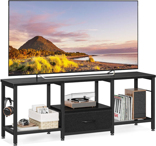 47" TV Stand with Open Storage Shelves for 43, 50 Inch TV, Entertainment Center with Fabric Drawers, TV Console Table with Soundbar Shelf TV Stand for Living Room Bedroom, Pure Black