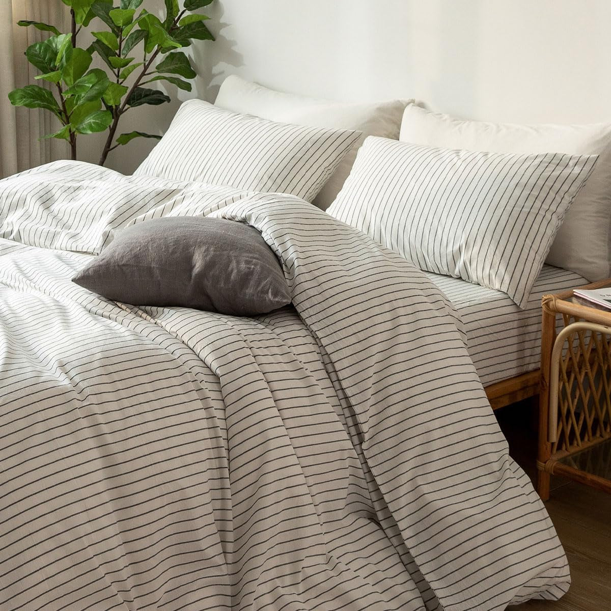 Bedding Pillowcases Striped Pack of 2 100% Washed Cotton Linen like Textured Breathable Durable Soft Comfy (White Dark Grey Wide Stripes, King)