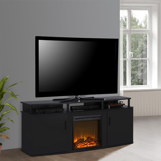 Carson Fireplace TV Stand for Tvs up to 70 Inch, Replaceable Electric Fireplace Insert Heater, Realistic Log and Flame Effect, for Living Room or Bedroom, Black