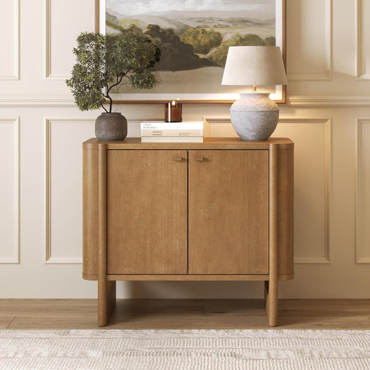 Solace Mid Century Modern Cabinet, Storage Cabinet or Accent Cabinet with Doors with Solid Wood Legs and Adjustable Shelf, Light Brown