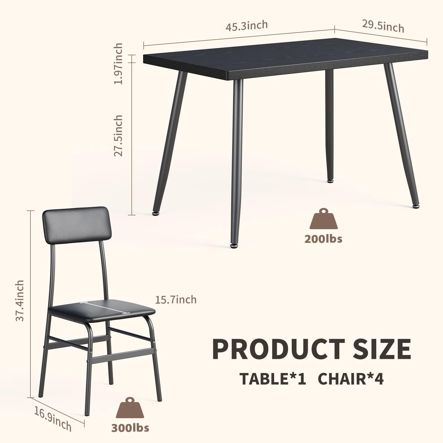 5 Piece Dining Table Set for 4, Modern Metal & Wood Kitchen Dinner Table with 4 Chairs, Space-Saving Dining Room Furniture Table & Chair Sets for Small Spaces & Apartment, Black