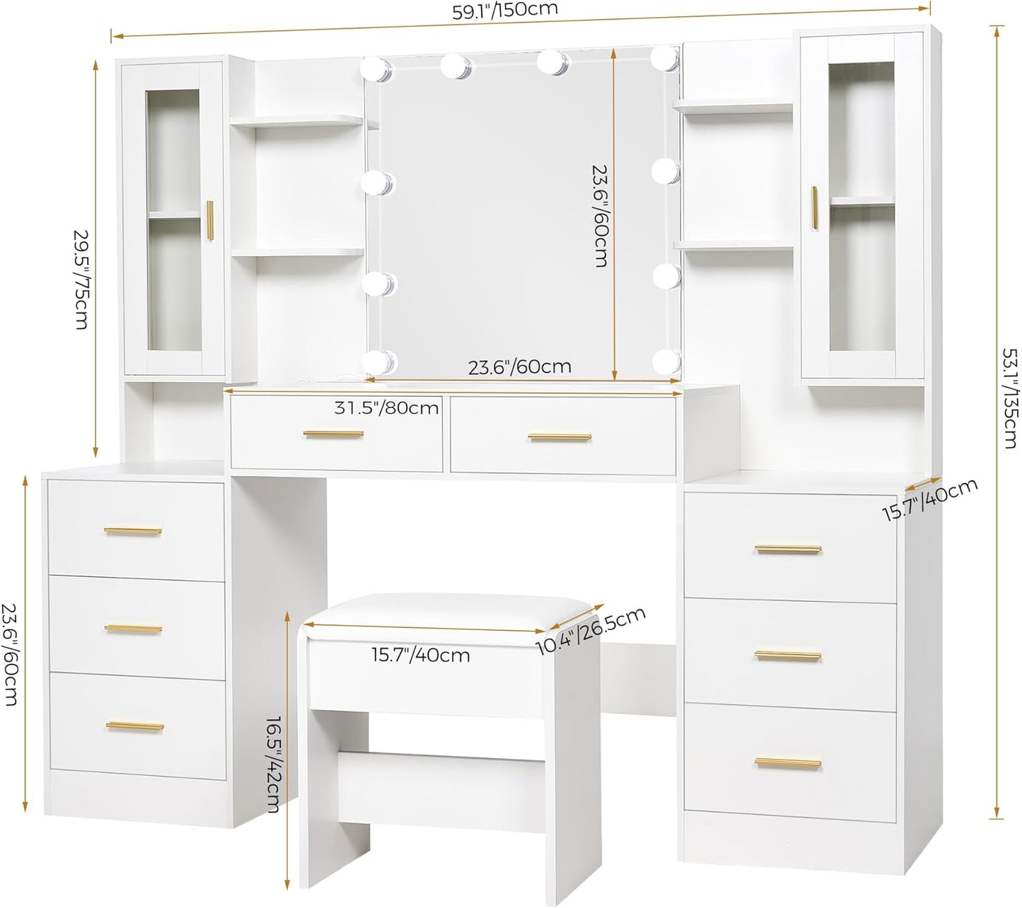 59.1" Large Vanity Desk with Mirror & Lights White Makeup Vanity Set with Power Outlet and 8 Drawers 3 Lighting Modes Adjustable Dressing Table for Girl Women Bedroom Dressing Room UBDT67W