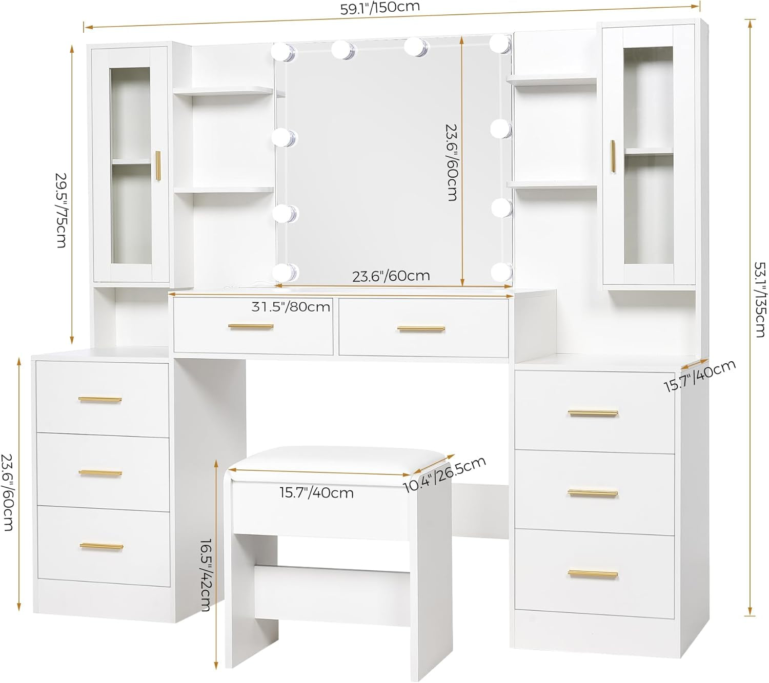 59.1" Large Vanity Desk with Mirror & Lights White Makeup Vanity Set with Power Outlet and 8 Drawers 3 Lighting Modes Adjustable Dressing Table for Girl Women Bedroom Dressing Room UBDT67W