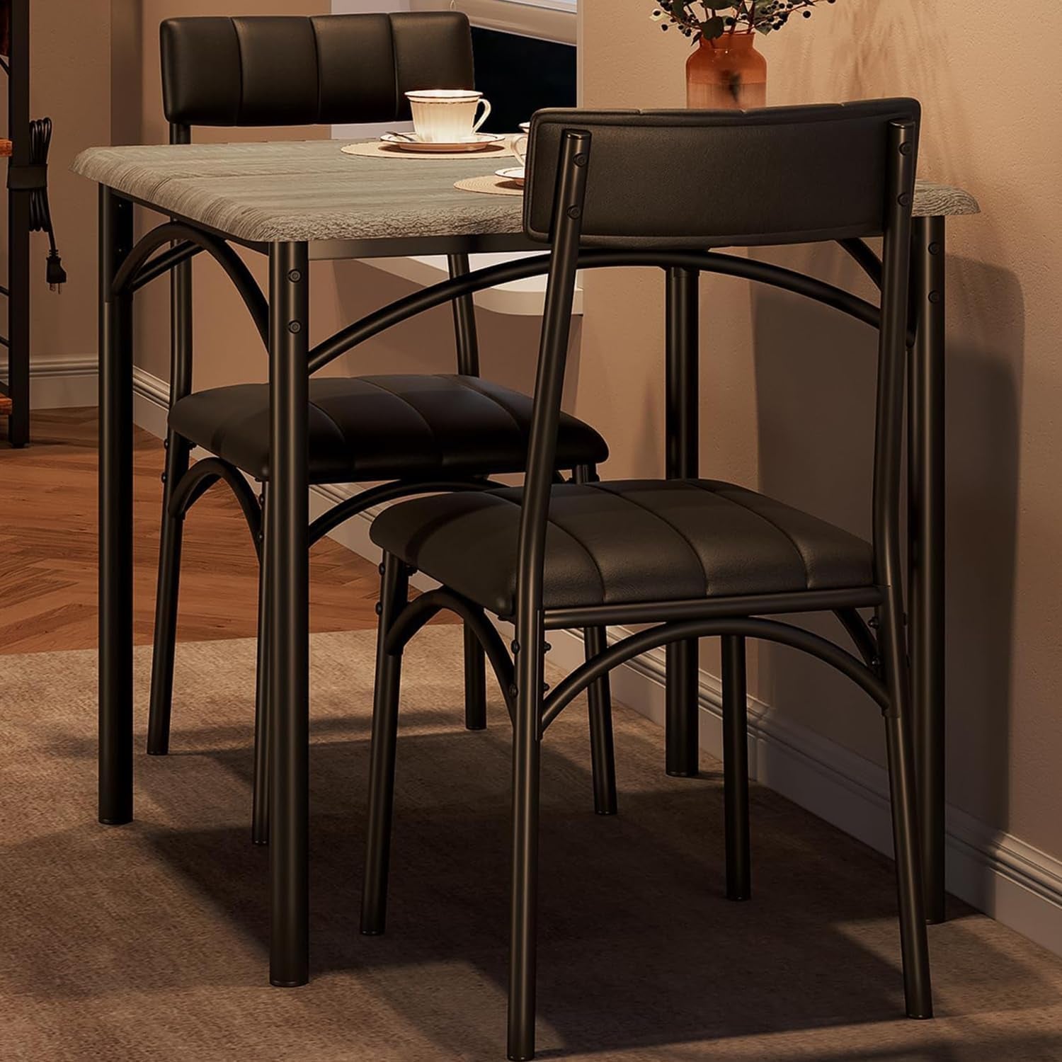 Dining Table Set for 2, Kitchen Table with Upholstered Chairs for 2, Small Dining Room Table Set, Square Kitchen Table Set for Small Space, Apartment, Home, Studio, Rustic Grey