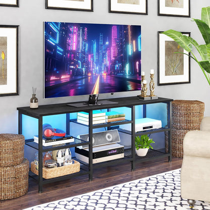 TV Stand for 55 Inch Tvs, Entertainment Center with Movable Shelf Panels, Power Outlet and LED Lights Open Storage Shelves, TV Media Console Table for Living Room and Bedroom, Black