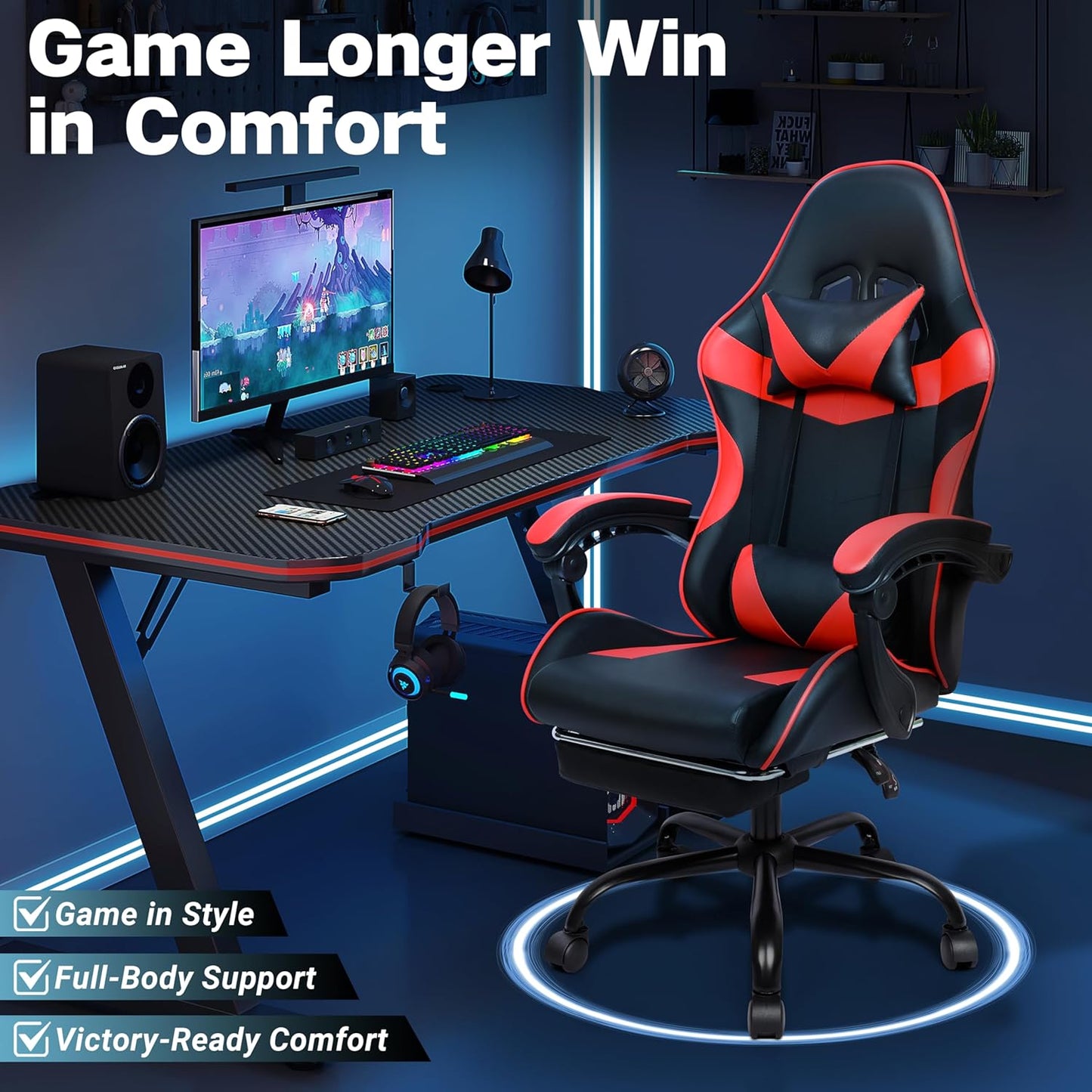 Gaming Chair, Ergonomic Computer Chair with Footrest and Lumbar Support, Height Adjustable Office Chair with 360° Swivel Seat and Headrest