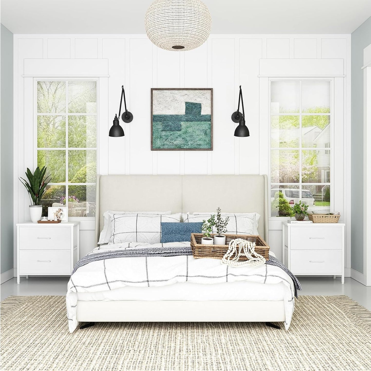Dresser and Nightstand Set 3 Piece White Dresser with 6 Fabric Drawers for Bedroom Sets Modern