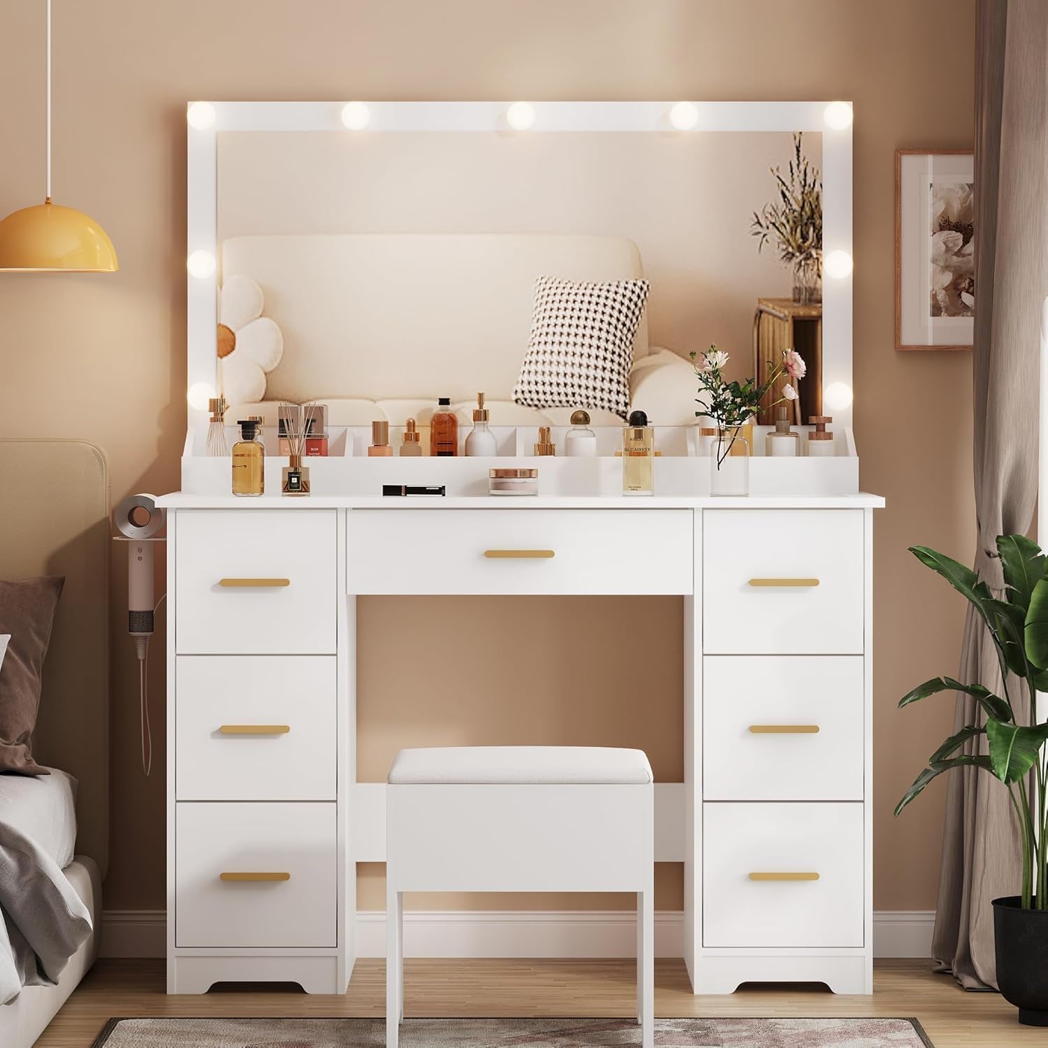 Vanity Desk with 38" Large Mirror and 9 LED Lights & Glass Top and Power Outlet, Adults Makeup Vanity with Chair and 7 Storage Drawers, Dressing Table Set for Bedroom, Modern White