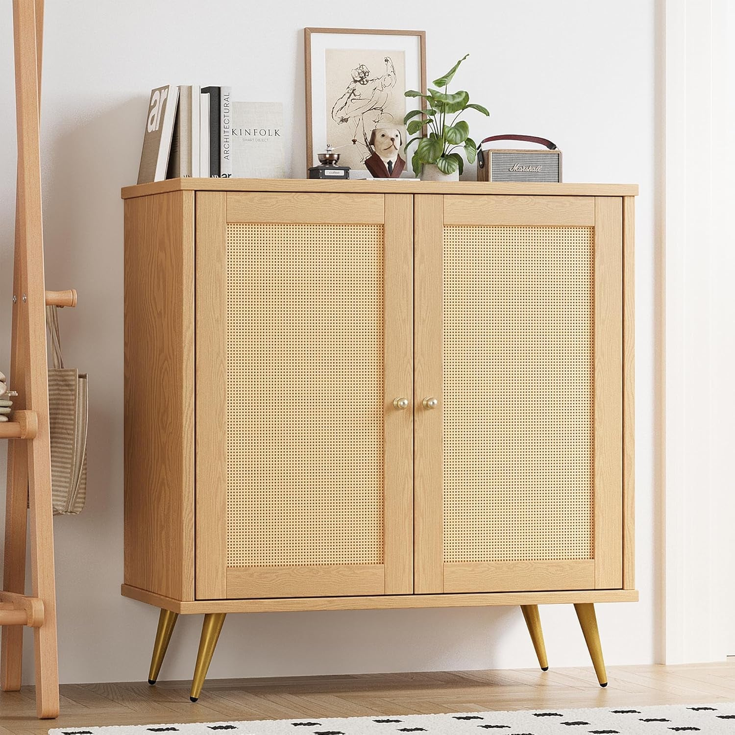 Rattan Buffet Cabinet with Storage, Sideboard Buffet Cabinet with Rattan Decor Doors, Modern Wood Cupboard for Kitchen Living Room Dining Room Hallway Entry, Natural