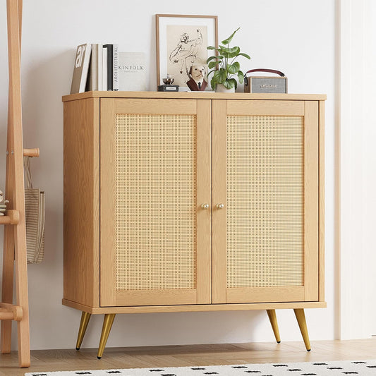 Rattan Buffet Cabinet with Storage, Sideboard Buffet Cabinet with Rattan Decor Doors, Modern Wood Cupboard for Kitchen Living Room Dining Room Hallway Entry, Natural