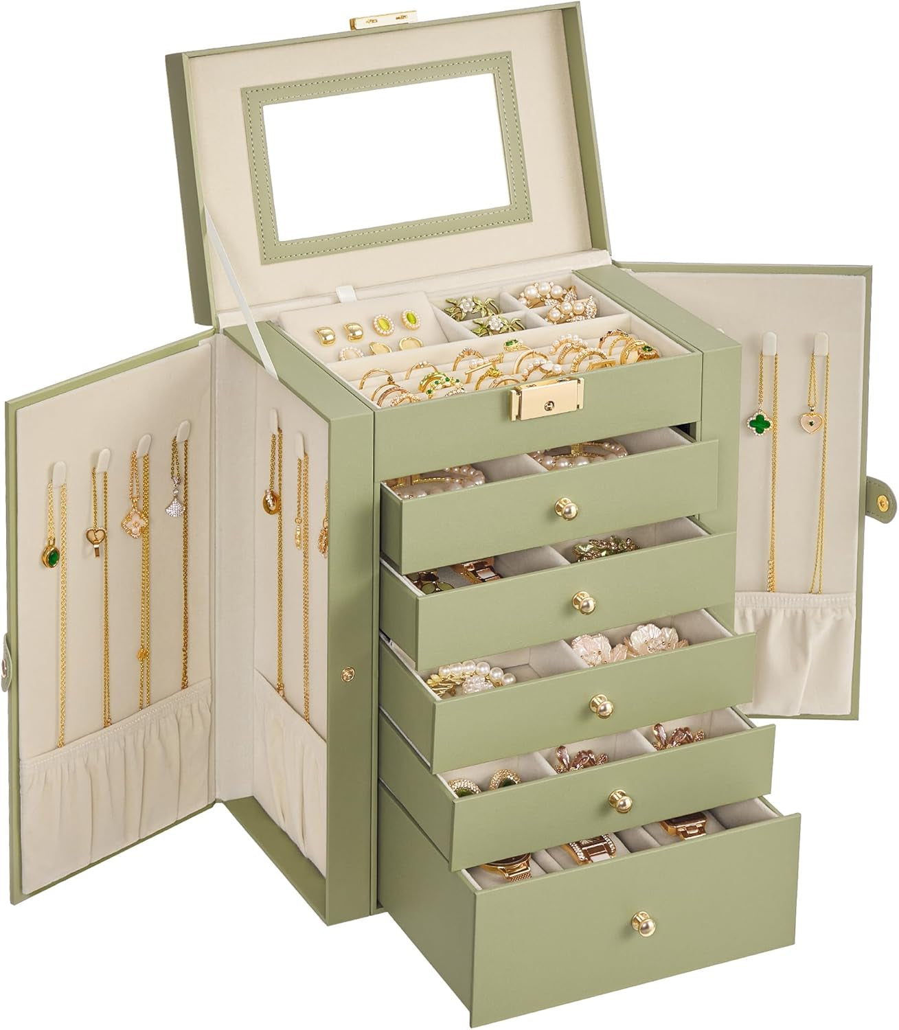 6-Layer Jewelry Box Organizer with 5 Drawers, Jewelry Storage Case with Lock and Mirror, Large Storage Capacity, Gift for Loved Ones, for Necklaces, Watches, Sage Green UJBC152CE01S