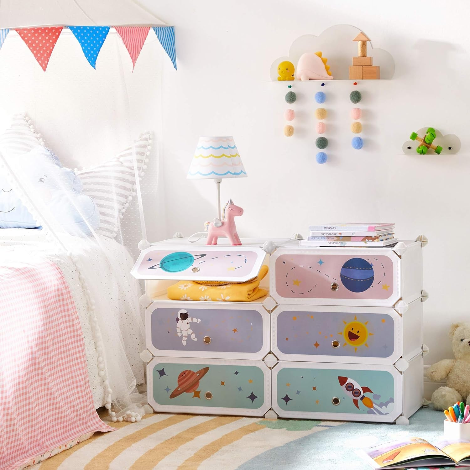 Kids' Shoe Rack with Doors, 6-Slot Stackable Storage Organizer, Plastic Wardrobe, Toys, Books, Clothes, 12.2 X 16.9 X 41.3 Inches, Cloud White ULPC904W01
