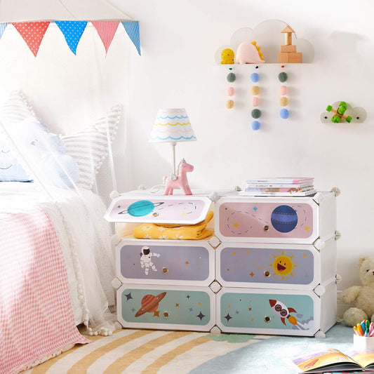 Kids' Shoe Rack with Doors, 6-Slot Stackable Storage Organizer, Plastic Wardrobe, Toys, Books, Clothes, 12.2 X 16.9 X 41.3 Inches, Cloud White ULPC904W01