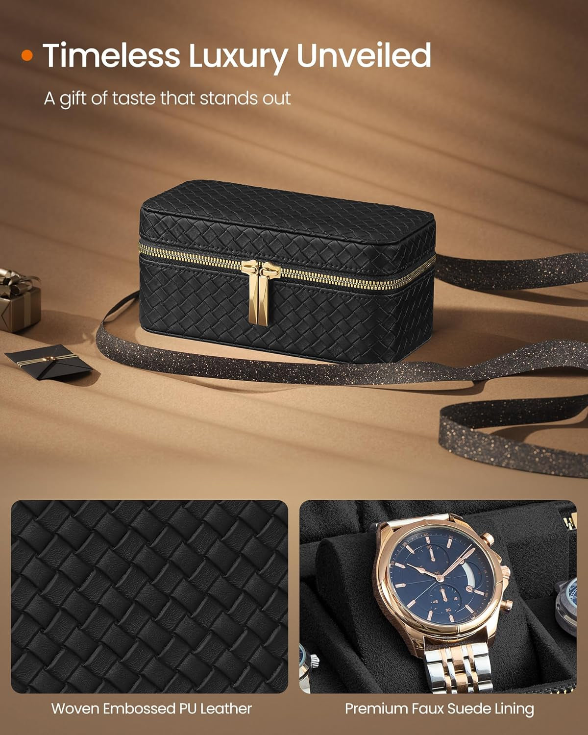 2-Layer Jewelry Box Bundle with Watch Case, Jewelry Organizer with Removable Tray, 3-Slot Watch Travel Box, Gift Idea, White and Ink Black UJBC165W01 and UJWB017B01