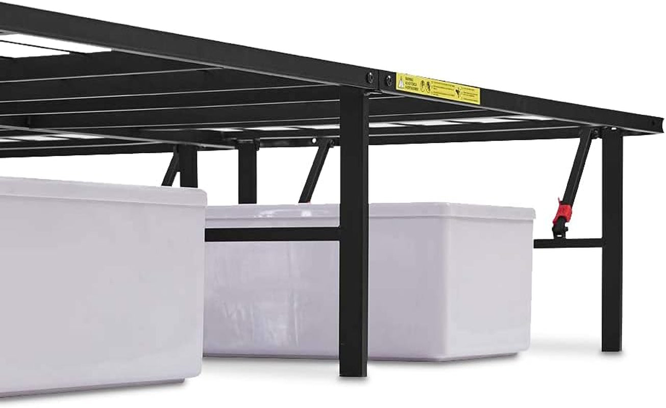 Bed Frame with Storage, Foldable Metal Platform, Sturdy Steel, No Box Spring Needed, 14-Inch High, Tool-Free Setup, Queen Size, Black