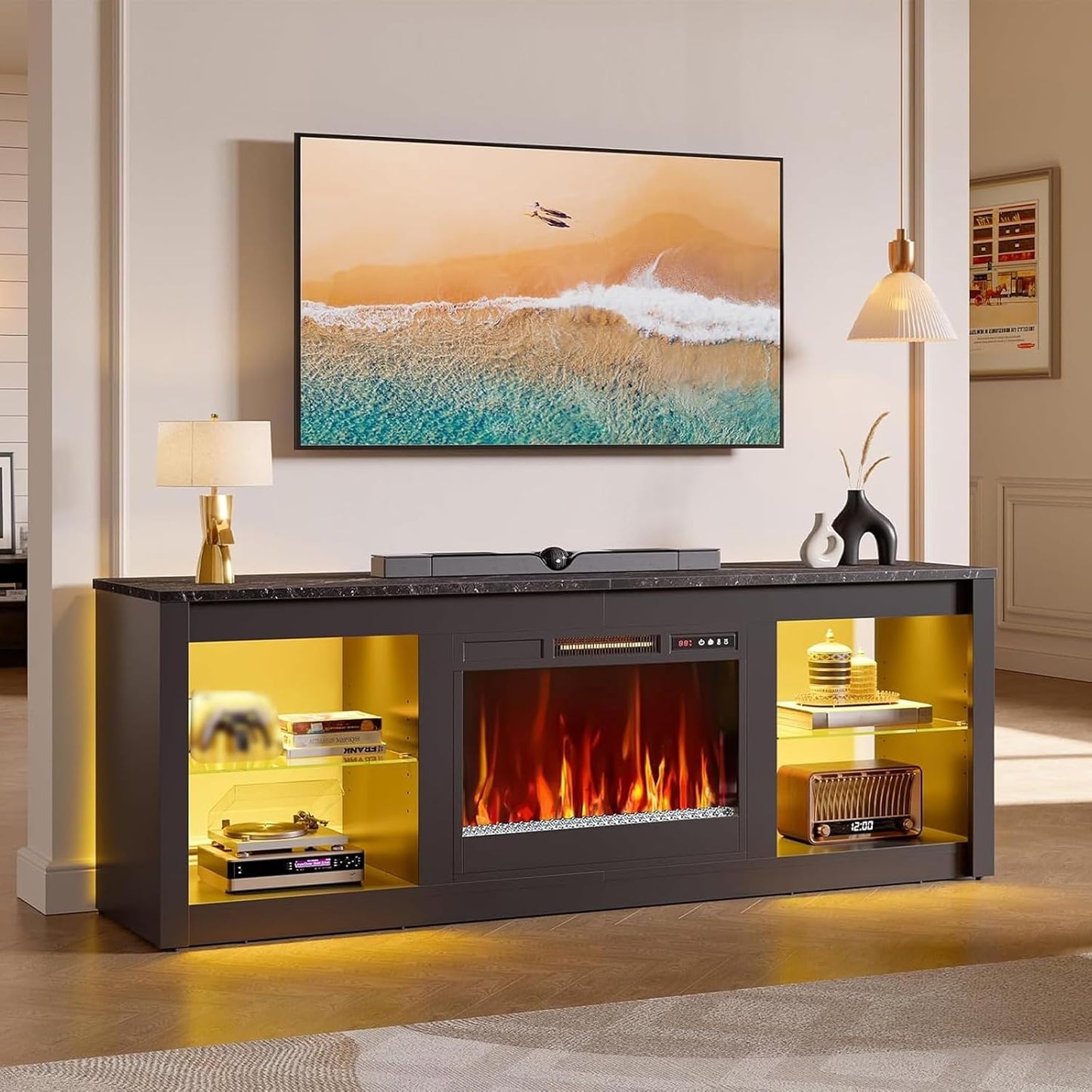 70 Inch Fireplace TV Stand for TV up to 75", LED Entertainment Center with 23" Electric Fireplace Media Console Table for Living Room with Glass Shelves, Black Marble